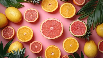 Poster - Fresh citrus fruits including lemons, oranges, and grapefruits are artistically arranged on a vibrant pink surface surrounded by green leaves
