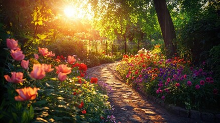 Poster - A tranquil garden pathway is lined with vibrant flowers as the sun sets, casting a warm glow through the trees