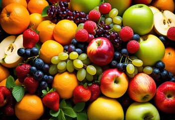 vibrant assortment fresh fruits displayed polished marble surface featuring colorful berries, apples, oranges, bananas, grapes, healthy, juicy, tropical