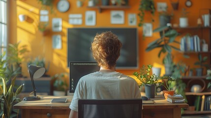 Poster - young person working on computer in brightly lit home office with plants and artwork