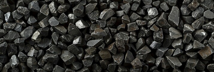 Aufkleber - Small, shiny black stones are scattered across a surface, reflecting light and showcasing various angles and textures