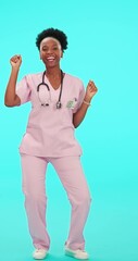 Wall Mural - Happy, nurse and success with black woman and dance in studio for celebration, medical and freedom. Medicine, healthcare and nursing with portrait of person on blue background for music and promotion