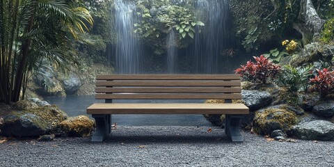 Poster - Wooden Bench in Front of a Waterfall in a Lush Forest