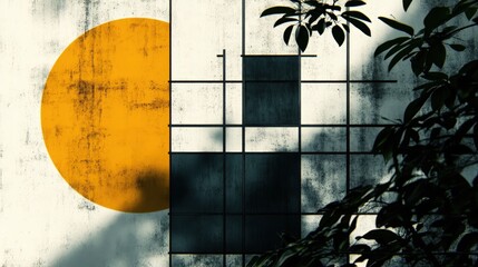 Poster - An abstract design with a yellow circle and dark grid patterns contrasts with vibrant greenery in an urban environment