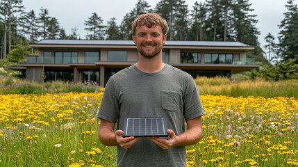 Wall Mural - A young man stands in a field of wildflowers, proudly holding a solar panel in front of a contemporary house surrounded by greenery