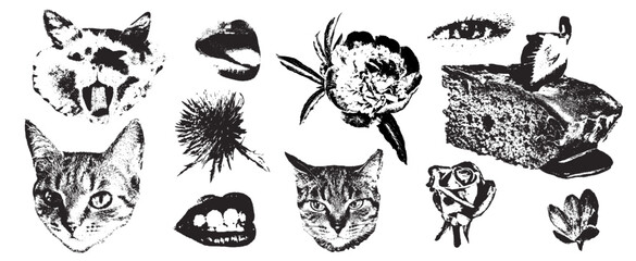 retro punk elements with photocopy stipple effect for collage art. vector illustration of cat, choco