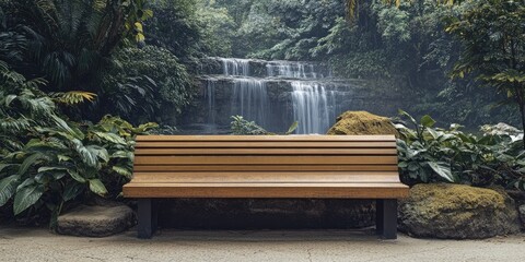 Canvas Print - Wooden Bench Facing Tranquil Waterfall in Lush Rainforest