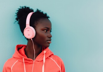 Wall Mural - Young Woman Listening to Music With Pink Headphones by a Blue Wall