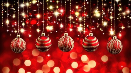 Poster - Red and gold ornaments dangle from above, shimmering against a backdrop of twinkling lights and a vibrant red hue, marking the joyful holiday spirit