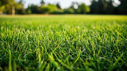 Poster - Sunlight illuminates a vibrant stretch of grass in a park, showcasing its fresh and healthy appearance on a clear day