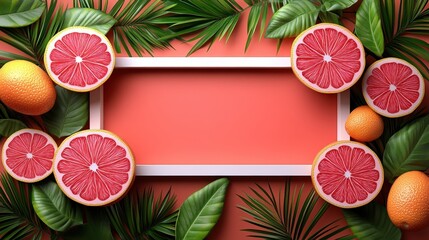 Canvas Print - Tropical fruits including grapefruit and oranges are arranged with lush green leaves around a blank area ready for text or graphics