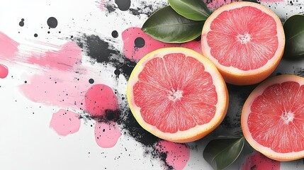 Aufkleber - Slices of grapefruit are displayed with colorful paint splatters and green leaves, creating a lively composition that highlights the fruit's texture and color