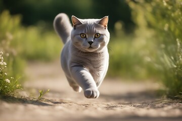 running summer shorthair cat british flower jump lawn fun paw fur1 run pet move grey cute hair yard play game fast breed green white adult grass front young close furry happy mammal felino fluffy