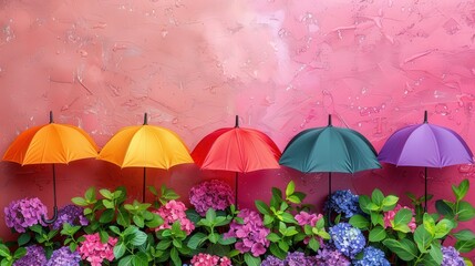 Aufkleber - Brightly colored umbrellas hang above lush hydrangea flowers on a textured pink wall, creating a cheerful and artistic ambiance
