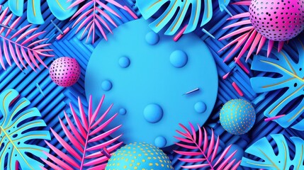 Sticker - Colorful tropical leaves and decorative spheres are arranged artistically on a vivid blue surface, creating a lively and vibrant atmosphere