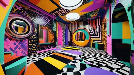 Leinwandbilder - A bright, artistic room filled with abstract designs, colorful shapes, and reflective surfaces that create a lively atmosphere