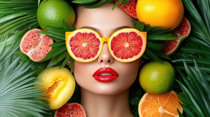 Poster - A model showcases a striking look with bright fruit and greenery framing her face, emphasizing a fun, tropical vibe
