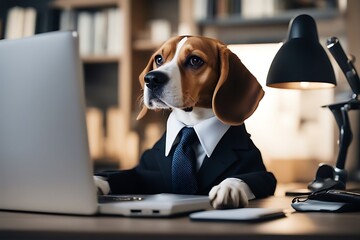 Wall Mural - computer businessman works beagle dressed desk dog pet business office concept wearing suit shirt attaching necktie humor humorous funny cute sitting working breed pedigree occupation recruitment