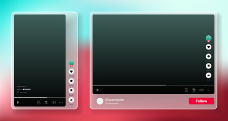 Vertical video player. Responsive tik tok interface mock-up. Blogging and streaming playback platform. Social media thumbnail frame. Vector illustration.
