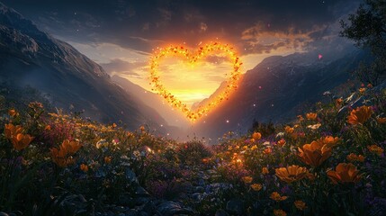 Poster - A breathtaking sunset illuminates a mountain valley adorned with vibrant flowers, forming a glowing heart shape in the sky