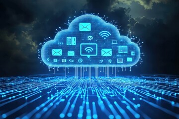 Poster - A digital representation of cloud computing featuring various communication icons projecting data streams in a dark, moody atmosphere