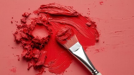 Poster - Bright red paint swirls around a brush on a smooth pink background, emphasizing the artistic process in a creative environment