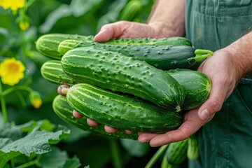 Poster - A farmer holds a bunch of freshly picked cucumbers in a lush green garden under bright sunlight