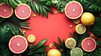 Aufkleber - A vibrant layout features various citrus fruits surrounded by green leaves and decorative stars against a red backdrop