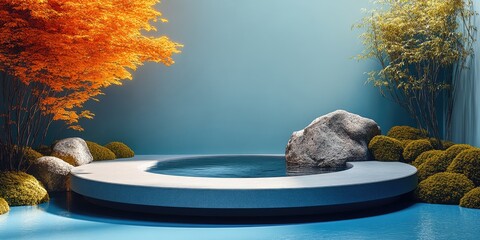 Poster - Circular Stone Platform with Pool and Lush Greenery