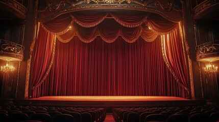 Aufkleber - The grand red curtain hangs elegantly, showcasing a stage set for an upcoming performance in a historic theater adorned with ornate details