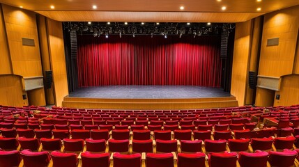 Aufkleber - The theater features rich red curtains, plush seating, and soft lighting, creating an inviting atmosphere for a live performance