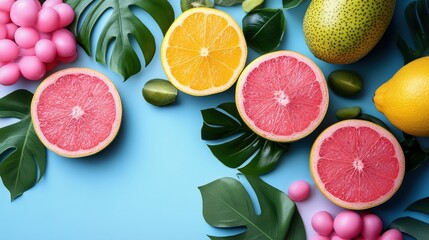 Canvas Print - Bright citrus fruits and decorative elements arranged beautifully against a light blue backdrop, creating a vibrant and inviting composition