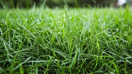Poster - Morning dew glistens on vibrant green grass blades, creating a tranquil atmosphere in a peaceful garden setting