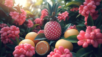 Poster - A pineapple stands prominently in a lush garden, surrounded by vibrant pink flowers and fresh oranges as the sun sets in the background