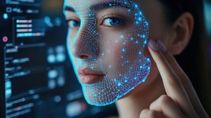 Aufkleber - A young woman engages with advanced facial recognition technology, highlighting her expression as digital data overlays her face in a futuristic lab setting