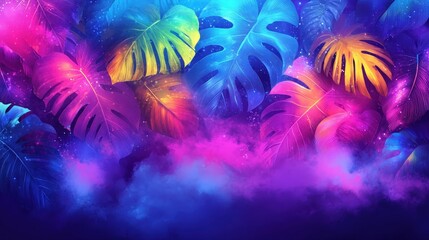 Poster - Colorful tropical leaves create a vibrant backdrop, illuminated by shades of pink, blue, and yellow against a dark, starry sky
