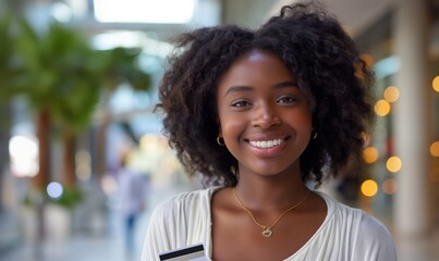 african american woman with curly hair smiling and holding a credit card against a shopping mall backdrop, emphasizing detailed facial expressions and natural lighting