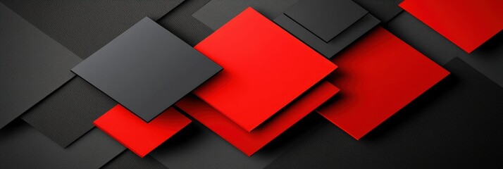 Poster - Geometric shapes in red and black are layered and arranged on a dark surface, creating a striking visual contrast and dynamic composition