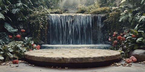 Poster - Stone Platform by a Waterfall with Lush Foliage