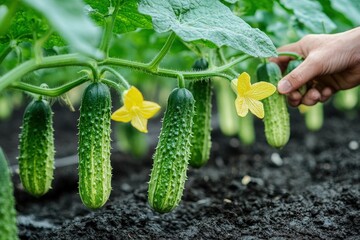 Poster - A gardener gently harvests ripe cucumbers while enjoying the vibrant blooms in a lush green field