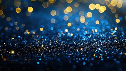 Poster - A stunning array of blue shimmering particles illuminated by soft golden bokeh lights creates a celebratory atmosphere