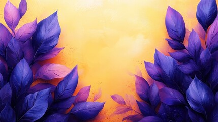 Poster - Colorful purple leaves elegantly frame a vivid yellow background, showcasing a harmonious blend of nature and artistic expression