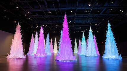 Aufkleber - A collection of brightly lit trees in various colors creates a vibrant atmosphere in a contemporary art space, attracting visitors during the holiday festivities