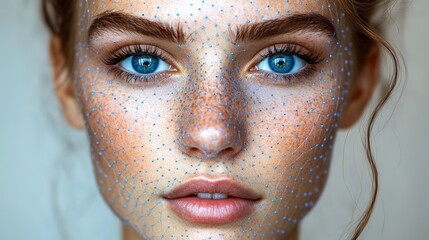 Poster - A young woman showcases striking blue eyes and delicate face decoration with a unique artistic pattern, illuminated by soft natural lighting