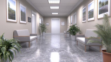 Poster - A clean and well-lit hallway features potted plants and framed artworks on the walls, providing a welcoming atmosphere in a contemporary environment