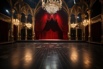 Aufkleber - An ornate stage features luxurious chandeliers and deep red curtains, creating a captivating atmosphere in the grand auditorium