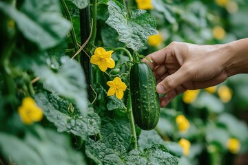Poster - A hand plucks a ripe cucumber from a vine adorned with vibrant yellow flowers in a lush greenhouse environment
