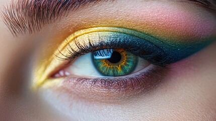 Poster - A close-up view of an eye showcasing bold and colorful eye makeup with vibrant hues of blue and yellow elegantly blended