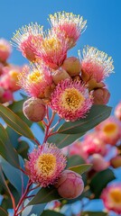 Poster - Vibrant pink flowers bloom on branches, showcasing their intricate structure under bright sunlight and a clear blue sky