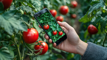 Poster - A person uses a smartphone to take a close-up shot of ripe red tomatoes growing among lush green foliage in a greenhouse